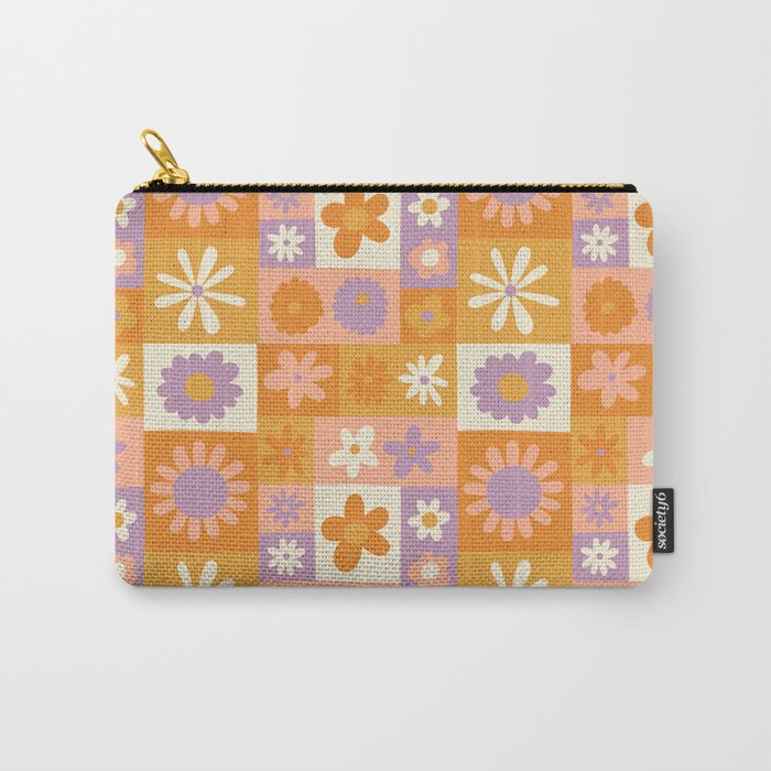 Retro hippie flower mosaic checkered pattern Carry All Pouch Gallery Image 1