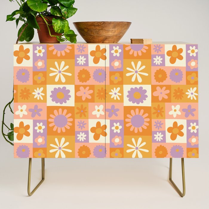 Retro hippie flower mosaic checkered pattern Credenza Gallery Image 1