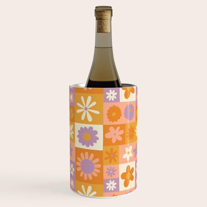 Retro hippie flower mosaic checkered pattern Wine Chiller Gallery Image 3