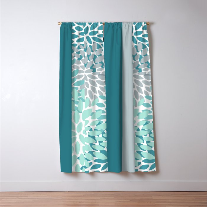 Festive, Floral, Color Block, Teal, Turquoise, Gray Window Curtain Gallery Image 3