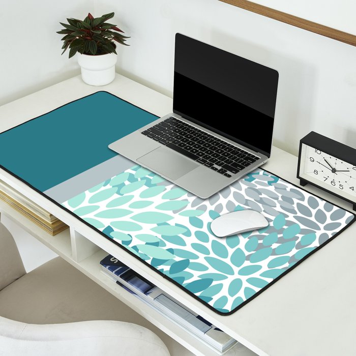 Festive, Floral, Color Block, Teal, Turquoise, Gray Desk Mat Gallery Image 2
