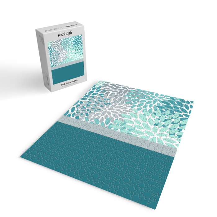 Festive, Floral, Color Block, Teal, Turquoise, Gray Jigsaw Puzzle Gallery Image 2