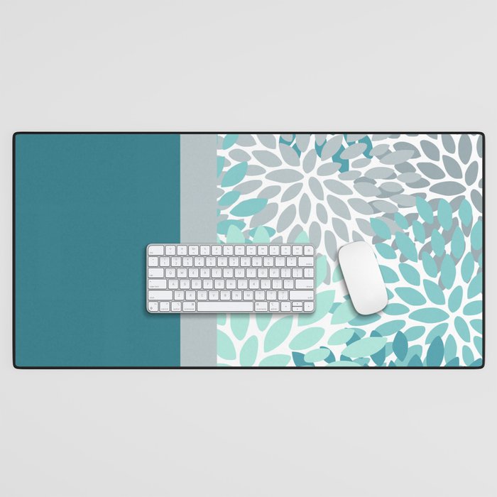 Festive, Floral, Color Block, Teal, Turquoise, Gray Desk Mat Gallery Image 1