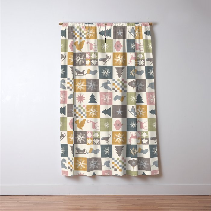 Retro Ditsy Holiday Icon Chequered Pattern - Earthy country style  Window Curtain Gallery Image 3