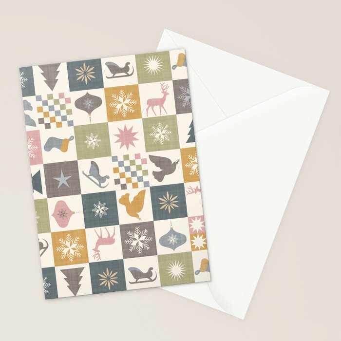 Retro Ditsy Holiday Icon Chequered Pattern - Earthy country style  Stationery Card Gallery Image 2