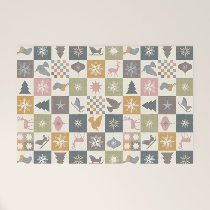 Retro Ditsy Holiday Icon Chequered Pattern - Earthy country style  Welcome Mat Gallery Image 1