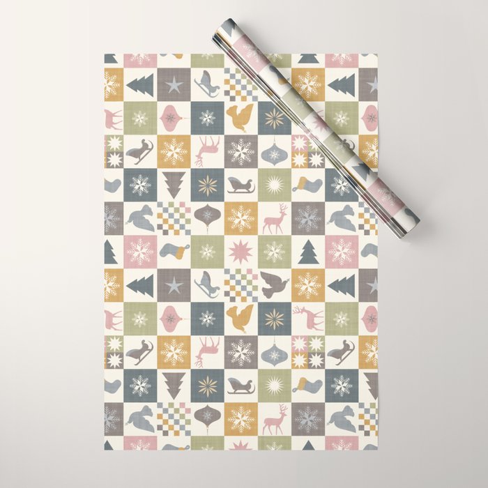 Retro Ditsy Holiday Icon Chequered Pattern - Earthy country style  Wrapping Paper Gallery Image 1