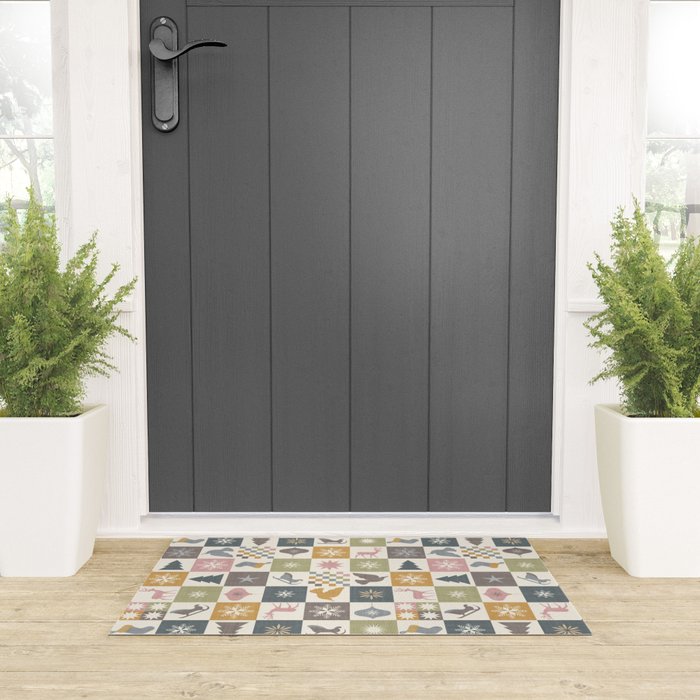 Retro Ditsy Holiday Icon Chequered Pattern - Earthy country style  Welcome Mat Gallery Image 3