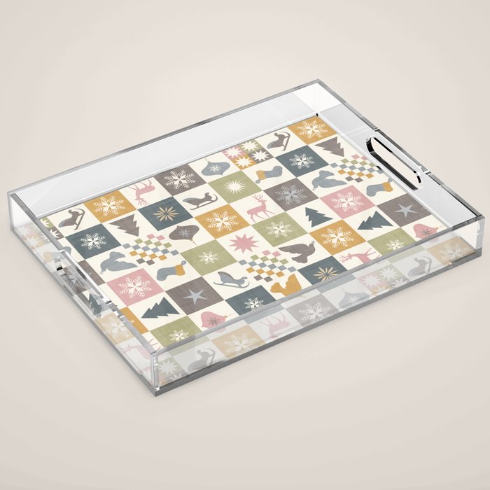 Retro Ditsy Holiday Icon Chequered Pattern - Earthy country style  Acrylic Tray Gallery Image 1