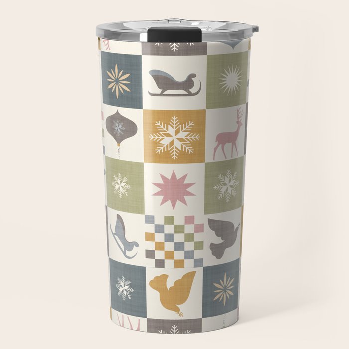 Retro Ditsy Holiday Icon Chequered Pattern - Earthy country style  Travel Mug Gallery Image 1
