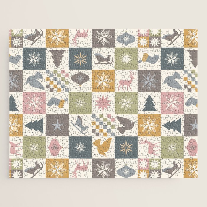 Retro Ditsy Holiday Icon Chequered Pattern - Earthy country style  Jigsaw Puzzle Gallery Image 1