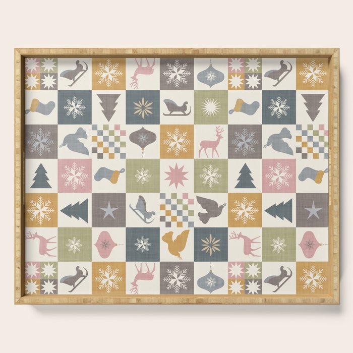 Retro Ditsy Holiday Icon Chequered Pattern - Earthy country style  Serving Tray Gallery Image 1