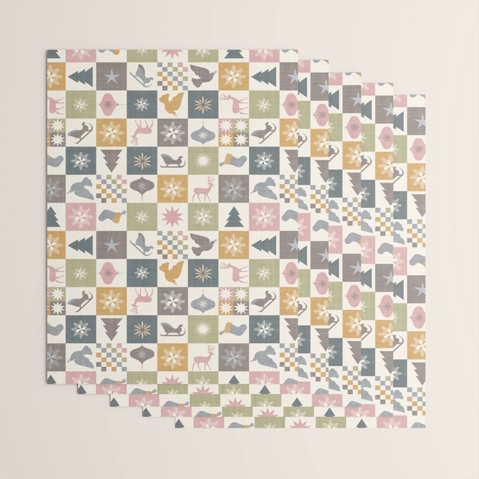 Retro Ditsy Holiday Icon Chequered Pattern - Earthy country style  Wrapping Paper Gallery Image 3