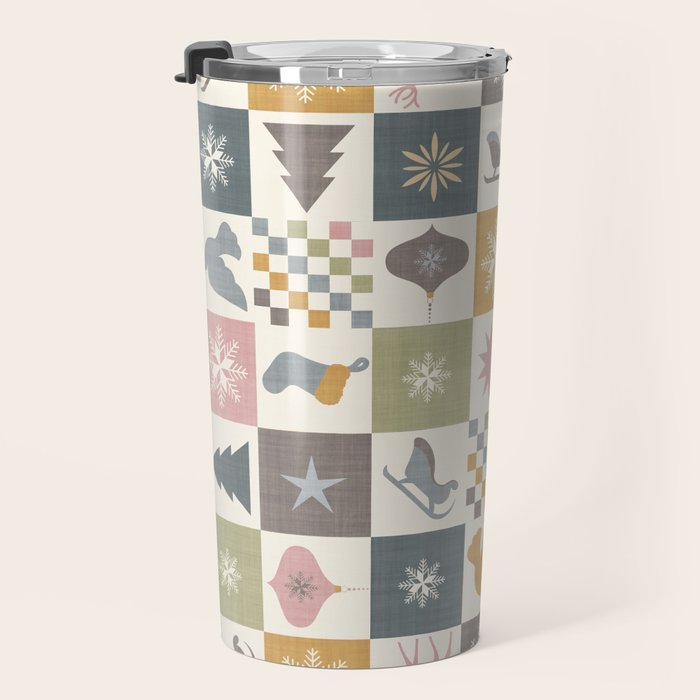 Retro Ditsy Holiday Icon Chequered Pattern - Earthy country style  Travel Mug Gallery Image 3