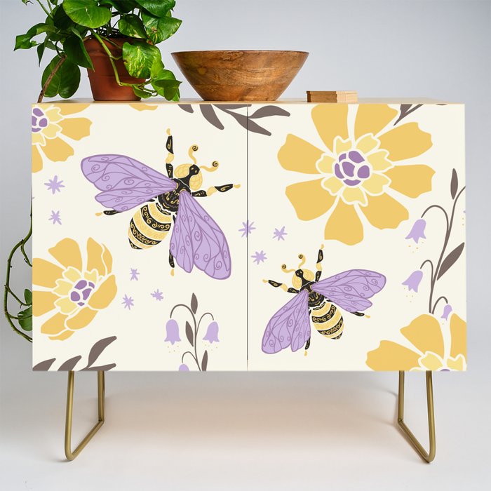 Honey Bees and Flowers - Yellow and Lavender Purple Credenza Gallery Image 1