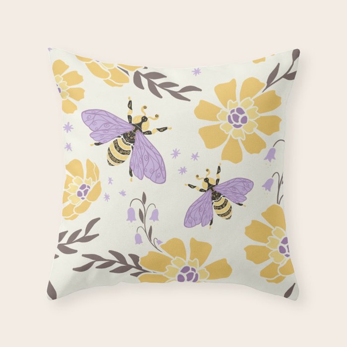 Honey Bees and Flowers - Yellow and Lavender Purple Throw Pillow Gallery Image 6