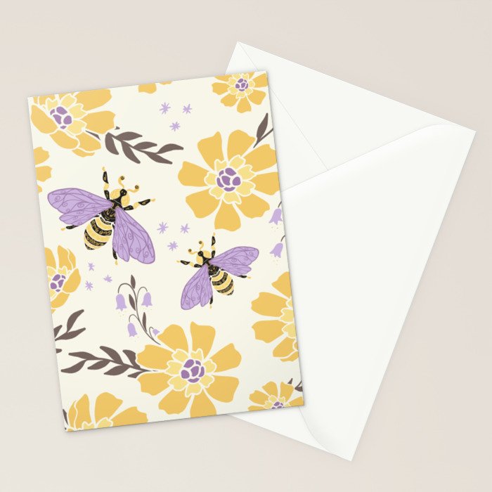 Honey Bees and Flowers - Yellow and Lavender Purple Stationery Card Gallery Image 2