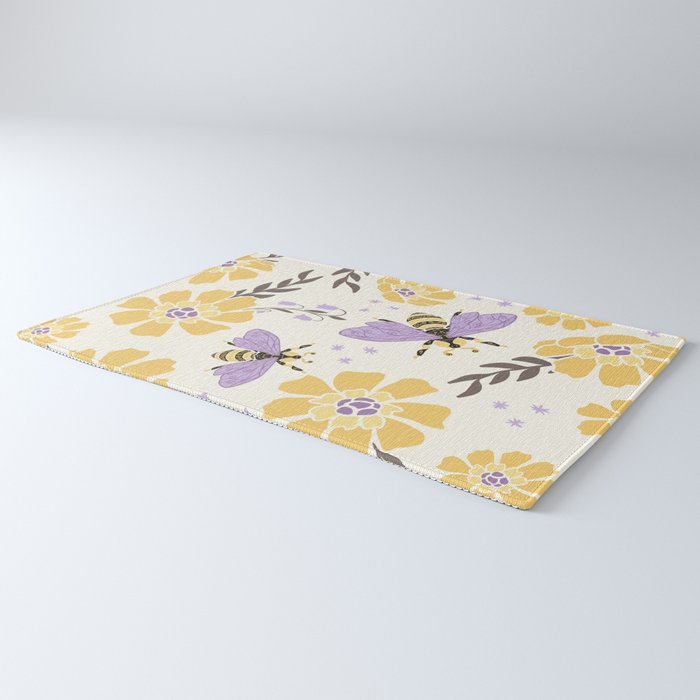 Honey Bees and Flowers - Yellow and Lavender Purple Rug Gallery Image 3