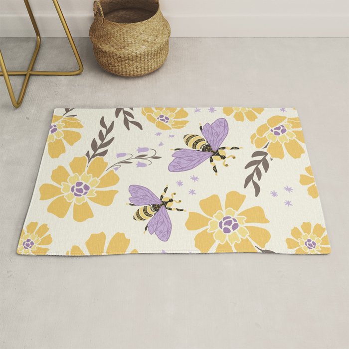 Honey Bees and Flowers - Yellow and Lavender Purple Rug Gallery Image 1