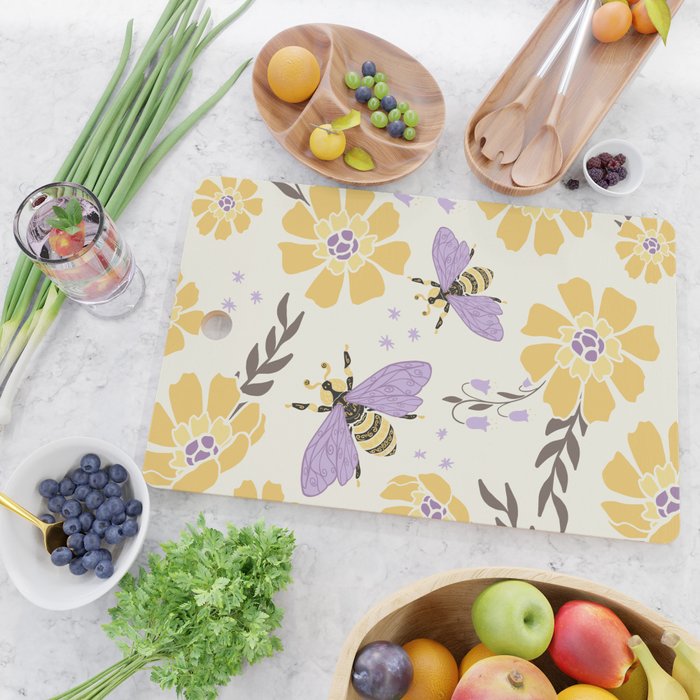 Honey Bees and Flowers - Yellow and Lavender Purple Cutting Board Gallery Image 2