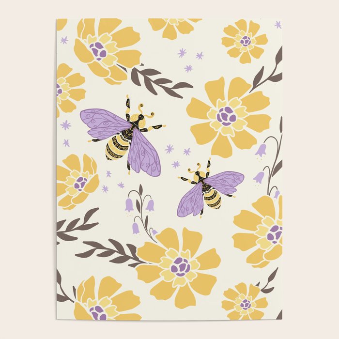 Honey Bees and Flowers - Yellow and Lavender Purple Poster Gallery Image 4