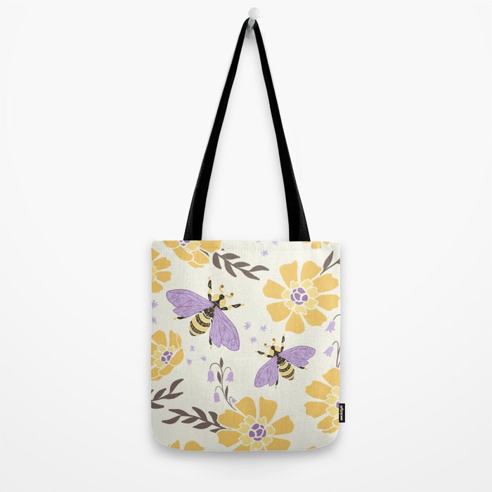 Honey Bees and Flowers - Yellow and Lavender Purple Tote Bag Gallery Image 2