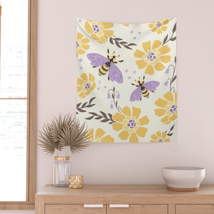 Honey Bees and Flowers - Yellow and Lavender Purple Wall Tapestry Gallery Image 2