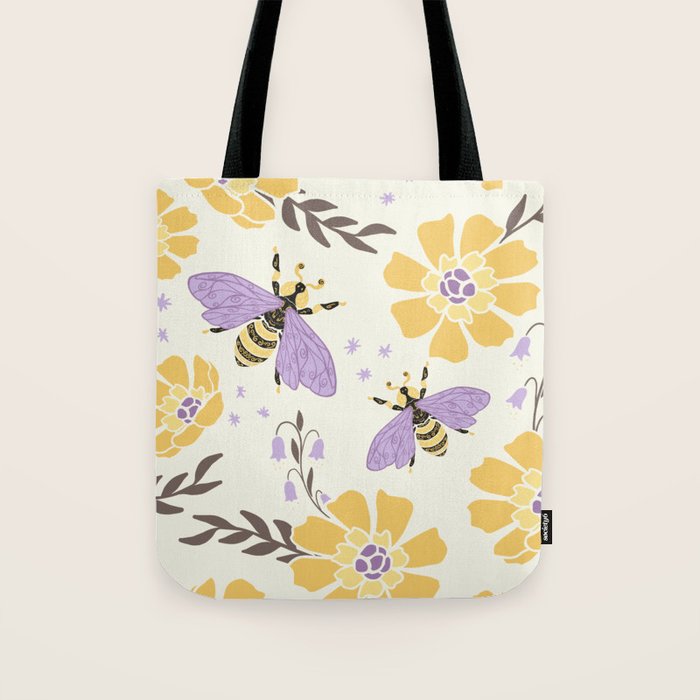 Honey Bees and Flowers - Yellow and Lavender Purple Tote Bag Gallery Image 1