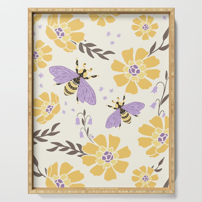 Honey Bees and Flowers - Yellow and Lavender Purple Serving Tray Gallery Image 1