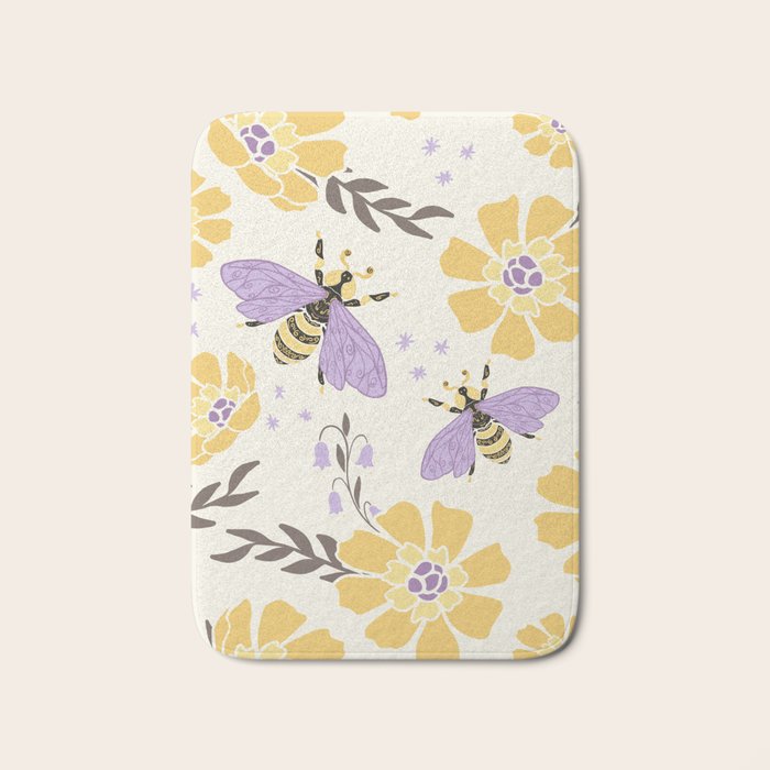Honey Bees and Flowers - Yellow and Lavender Purple Bath Mat Gallery Image 1