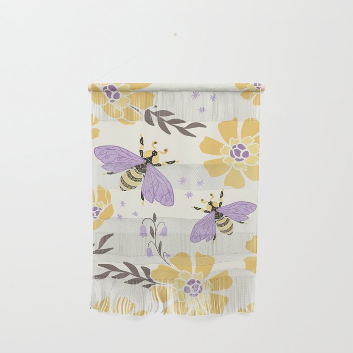 Honey Bees and Flowers - Yellow and Lavender Purple Wall Hanging Gallery Image 1