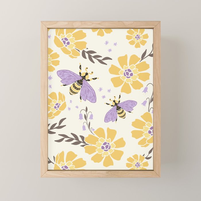 Honey Bees and Flowers - Yellow and Lavender Purple Mini Art Print Gallery Image 1