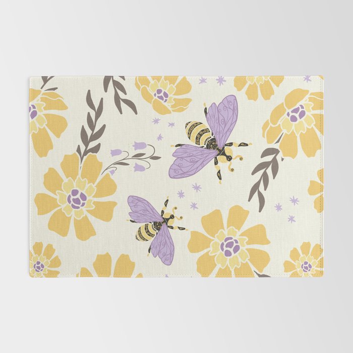 Honey Bees and Flowers - Yellow and Lavender Purple Rug Gallery Image 2