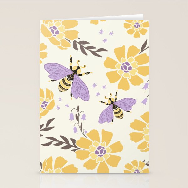 Honey Bees and Flowers - Yellow and Lavender Purple Stationery Card Gallery Image 1