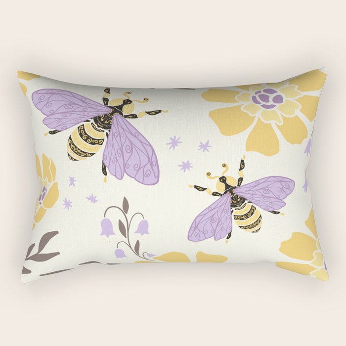 Honey Bees and Flowers - Yellow and Lavender Purple Rectangular Pillow Gallery Image 1