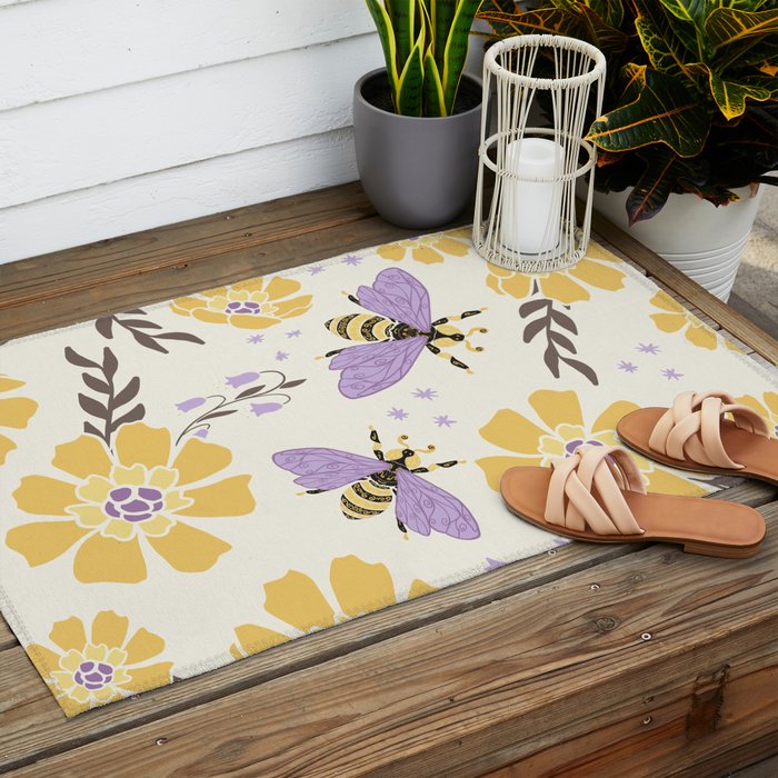 Honey Bees and Flowers - Yellow and Lavender Purple Outdoor Rug Gallery Image 2