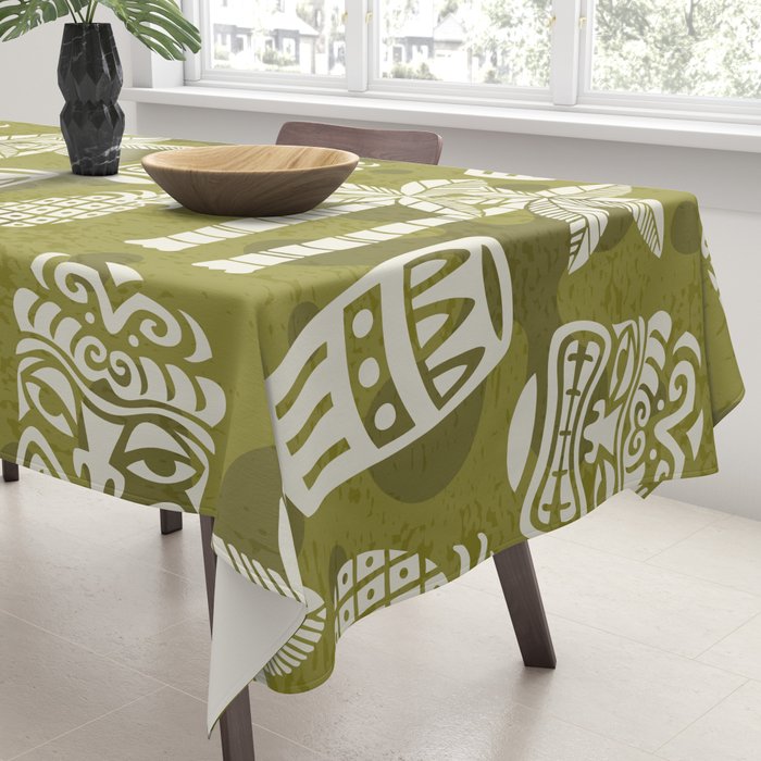 Retro Mid Century Modern Tiki Pattern 523 Olive Green Tablecloth Gallery Image 3