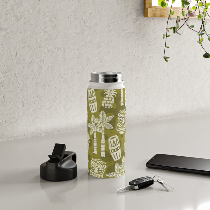 Retro Mid Century Modern Tiki Pattern 523 Olive Green Water Bottle Gallery Image 4