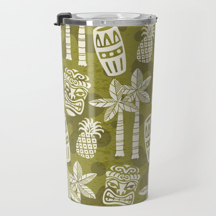Retro Mid Century Modern Tiki Pattern 523 Olive Green Travel Mug Gallery Image 3