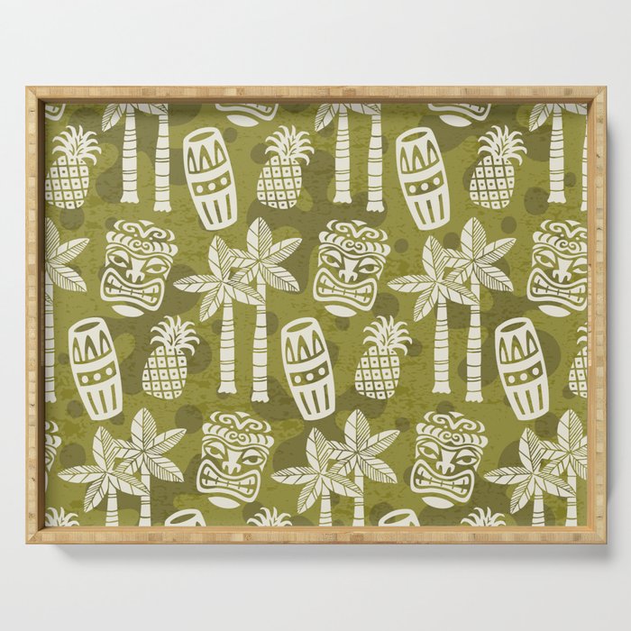 Retro Mid Century Modern Tiki Pattern 523 Olive Green Serving Tray Gallery Image 1