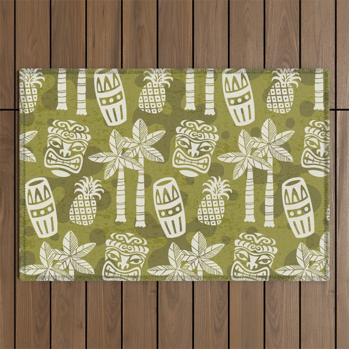 Retro Mid Century Modern Tiki Pattern 523 Olive Green Outdoor Rug Gallery Image 1