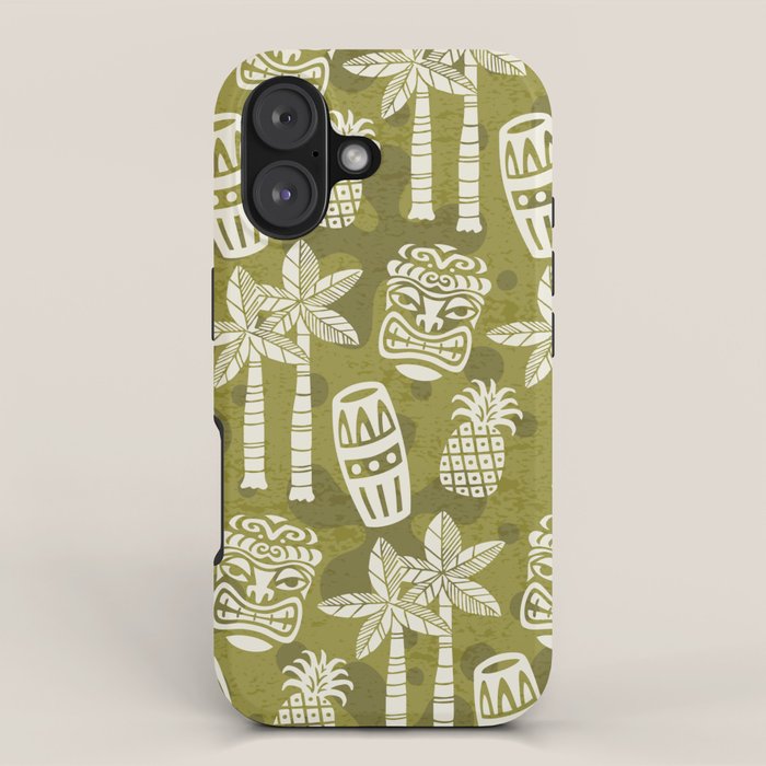Retro Mid Century Modern Tiki Pattern 523 Olive Green iPhone Case Gallery Image 1