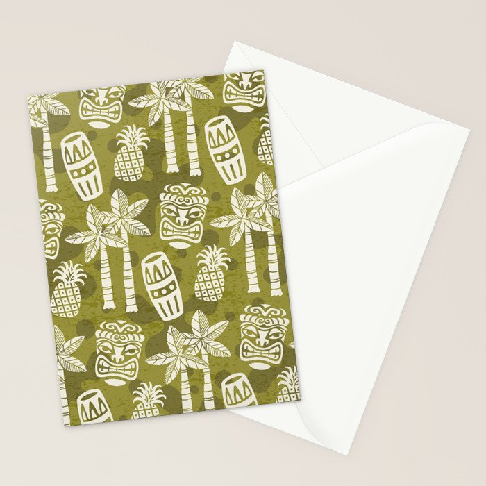 Retro Mid Century Modern Tiki Pattern 523 Olive Green Stationery Card Gallery Image 2