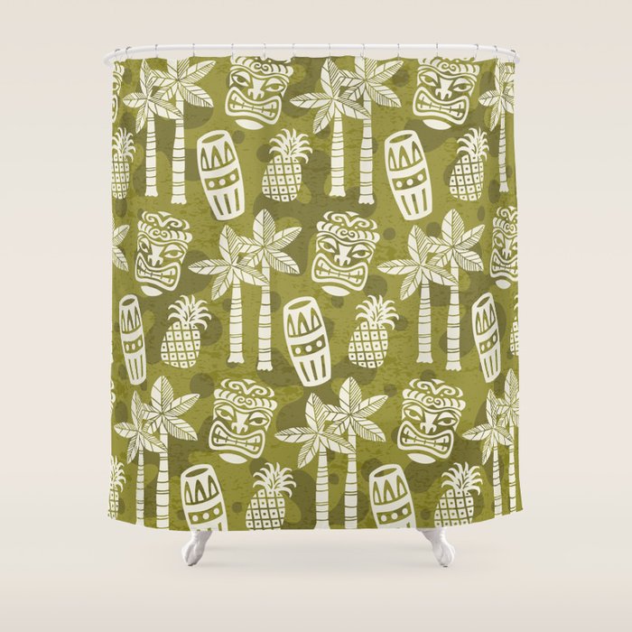 Retro Mid Century Modern Tiki Pattern 523 Olive Green Shower Curtain Gallery Image 1