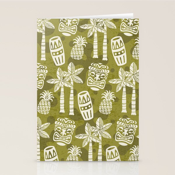 Retro Mid Century Modern Tiki Pattern 523 Olive Green Stationery Card Gallery Image 2