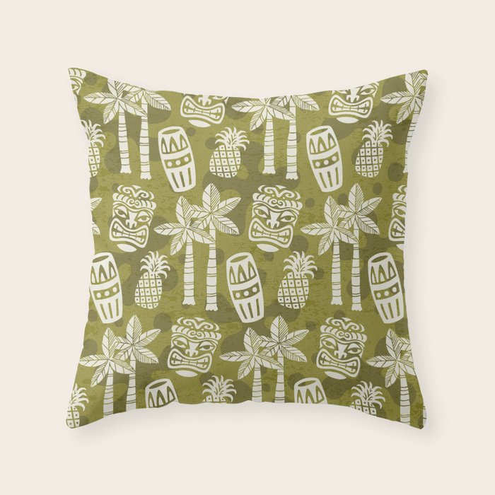Retro Mid Century Modern Tiki Pattern 523 Olive Green Throw Pillow Gallery Image 6