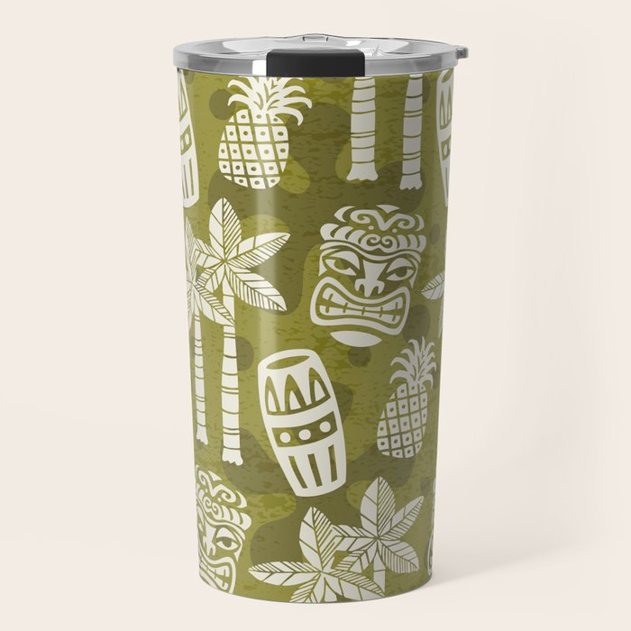 Retro Mid Century Modern Tiki Pattern 523 Olive Green Travel Mug Gallery Image 1