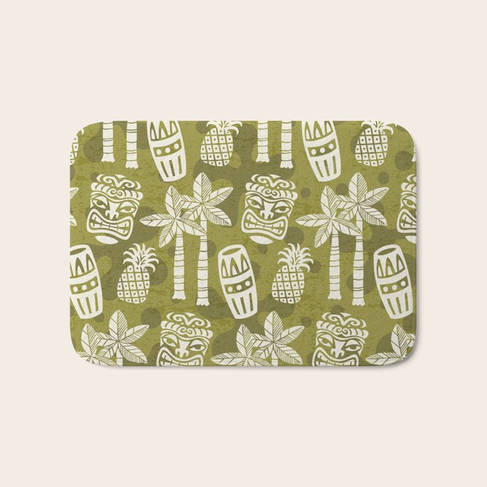 Retro Mid Century Modern Tiki Pattern 523 Olive Green Bath Mat Gallery Image 1