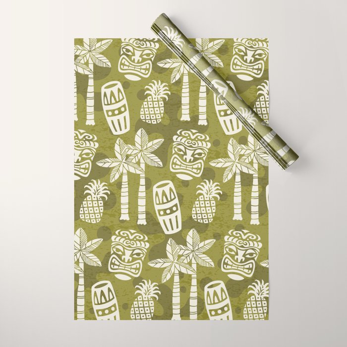 Retro Mid Century Modern Tiki Pattern 523 Olive Green Wrapping Paper Gallery Image 1
