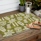 Retro Mid Century Modern Tiki Pattern 523 Olive Green Outdoor Rug Gallery Image 2